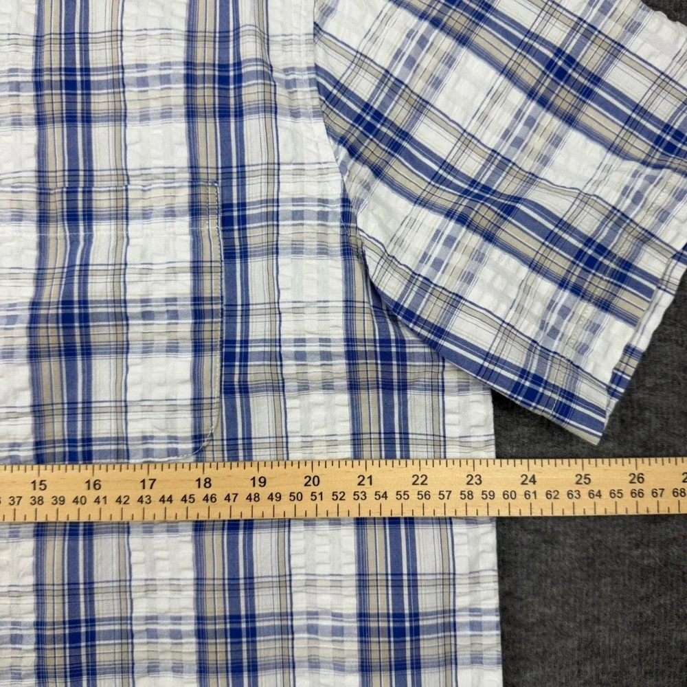 Saddlebred Button Down Shirt‎ Mens L Blue Plaid Seersucker Texture Short Sleeve